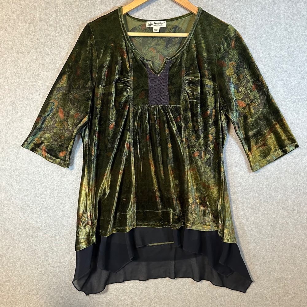 Unity World Wear Tunic Women XL Green Paisley Velvet Layered Sharkbite Hem Top